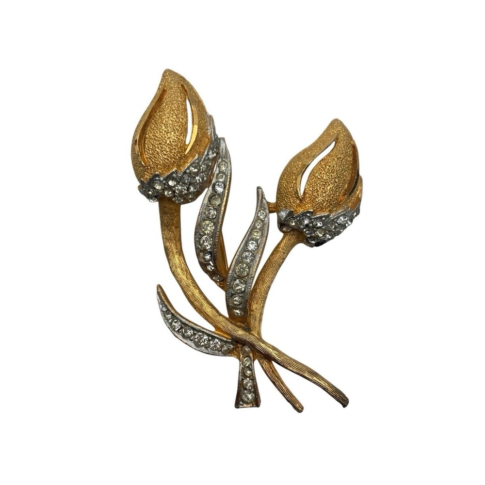 Vintage Signed BSK Gold Tone Rhinestones Textured Floral Tulips Brooch Pin